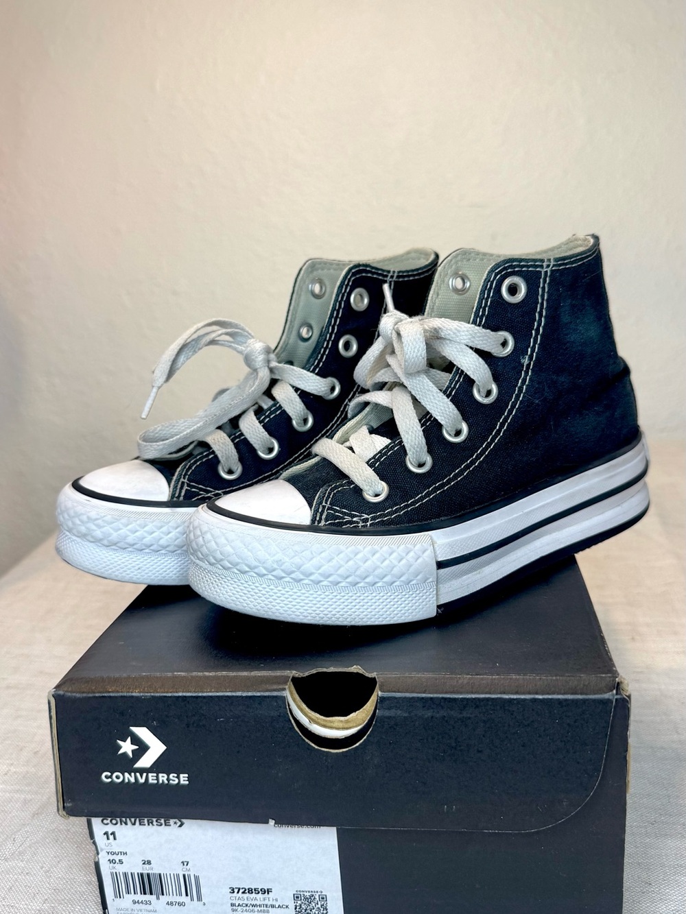 Converse All Star Kids Black and White High-Top Canvas Platform Sneakers 11C